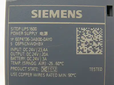 Siemens 6EP4136-3AB00-0AY0 Sitop UPS1600 Power Supply 24VDC 20Amp Out Din Rail