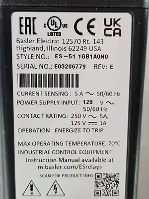 Basler ES-511GB1A0N0 Overcurrent Relay 120V 50/60Hz (BIN412)