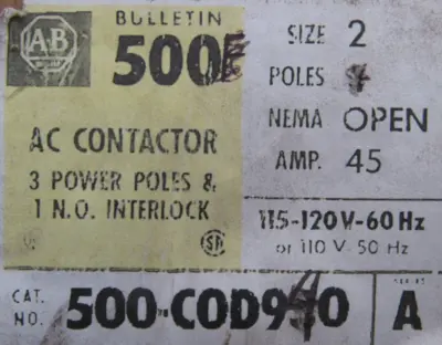 ALLEN BRADLEY 500-COD940 CONTACTOR SIZE 2 SER. A 115/120V 500COD940 NEW SURPLUS