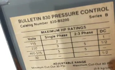 ALLEN BRADLEY 830-B5200 PRESSURE CONTROL SERIES B 830B5200 NEW, SURPLUS