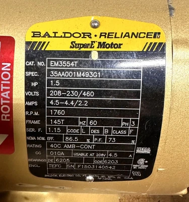BALDOR 1.5HP ELEC. MOTOR 208-230/460, 145T FR