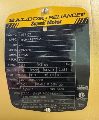 7.5  hp Baldor Electric Motor, new surplus, Frame 213T, 1770 RPM, qty.. 2