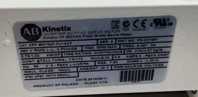 Used Allen-Bradley VPF-B0752F-PJ12AF Servo Motors | Palmetto Automation #1151340