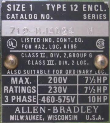 NEW ALLEN BRADLEY 712-BJAD24 STARTER COMBINATION DISCONNECT SWITCH SER.N