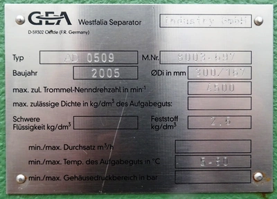 Westfalia AD 0509 decanter centrifuge, 316SS.