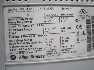 ALLEN BRADLEY 20AD011A0NYNANNN POWERFLEX 70 7.5HP