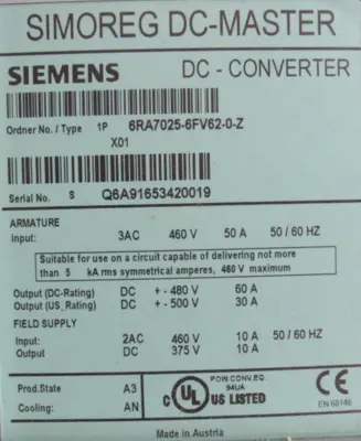 NEW SIEMENS 6RA7025-6FV62-0-Z MASTER DC CONVERTER 6RA70256FV620Z