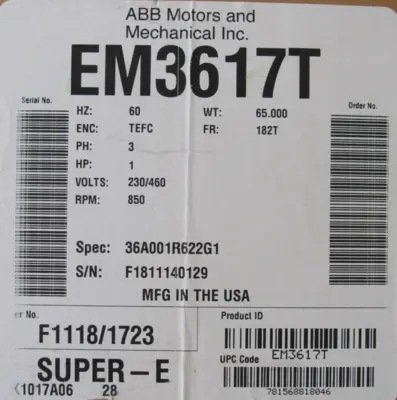 NEW BALDOR EM3617T MOTOR 1 HP 230/460V 850RPM 182T