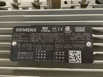 USED SIEMENS NEMA PREMIUM® AC MOTOR 10HP TYPE GP100A 3-PHASE