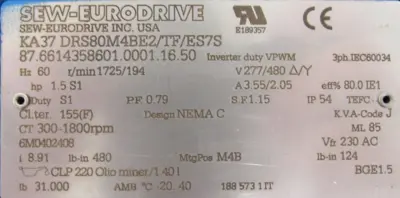 REFURBISHED SEW EURODRIVE KA37 DRS80M4BE2/TF/ES7S GEARMOTOR 1.5HP 277/480V