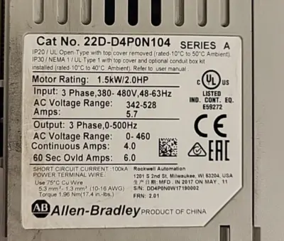 Allen Bradley # 22D-D4P0N104 Power Flex- 40 SERIES A 2. 0 (BIN3.3.1)