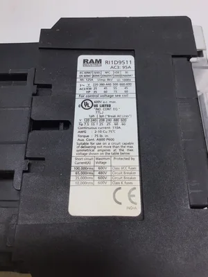 Ram Industries RI1D9511G7 Contactor AC3: 95A 45kW 415V Coil Voltage 120V 50/60Hz