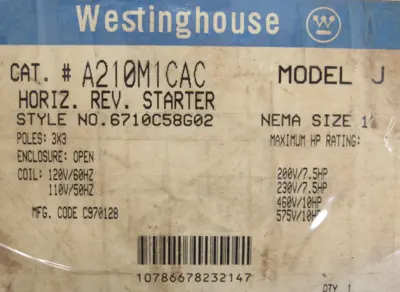 NEW WESTINGHOUSE A210M1CAC STARTER SIZE 1 MODEL J
