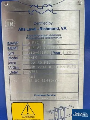 New | in-Stock Alfa Laval 48 Sq Ft Alfa Laval Plate Heat Exchanger, S/S, 150# Heat Exchangers Texas US | Federal Equipment Company #1337728