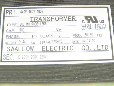 Swallow Step-Down Power Transformer 500VA Pri 440-460-480V Sec 200-208-220V 1Ph