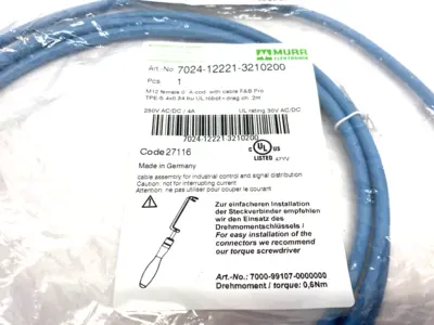NEW MURRELEKTRONIK SINGLE ENDED M12 STEEL FEMALE CORDSET 0° A-COD