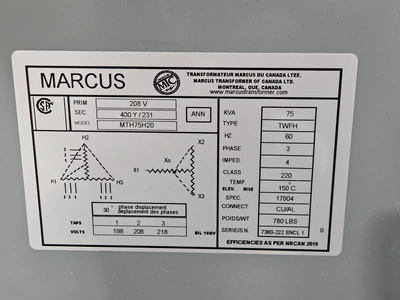 Used 2020 MARCUS MTH75H20 Transformers Ontario CA | Crawford Packaging #1276206