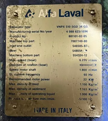 Alfa-Laval VNPX 510 SGD-34GS clarifier centrifuge skid, 316SS.