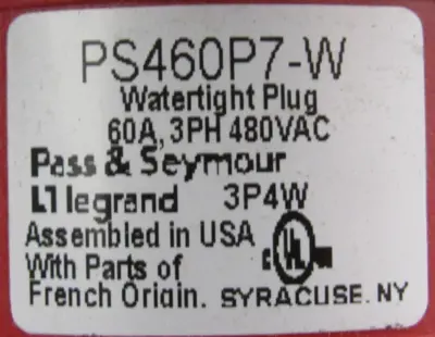 NEW PASS & SEYMOUR PS460P7-W WATERTIGHT PLUG 60A PS460P7W