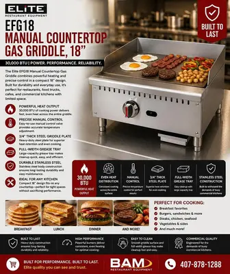 ELITE EFG18 Manual Countertop Gas Griddle, 18" | 30,000 BTU