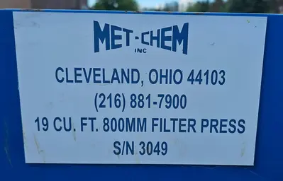 Used MET-CHEM 19 CU. FT Filter Presses Wisconsin US | Lemke Machinery Sales #1264786