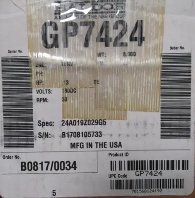 NEW BALDOR GP7424 GEAR MOTOR 58:1 180VDC