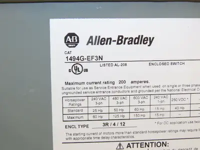 Allen Bradley 1494G-EF3N Combination Starter 200A 150HP 600V 3ph No Starter