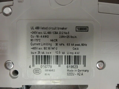 ABB S202U K2A CIRCUIT BREAKER 240VAC 2POLE