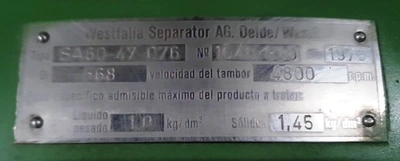 Westfalia SA 60-47-076 hermetic clarifier centrifuge, 316SS.