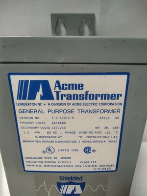 Acme Transformer T-2-53012-S 2 kVA 240x480V to 120/240V 1PH Type 3R