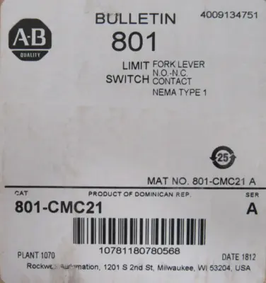 ALLEN BRADLEY 801-CMC21 LIMIT SWITCH SER.A 801CMC21 NEW SURPLUS