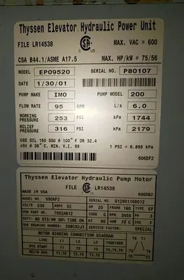 THYSEEN EP09520, 20 HP ELEVATOR HYDRAULIC POWER UNIT WITH CONTROLS