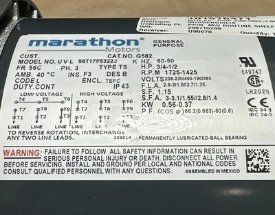 New | in-Stock MARATHON MOTORS G582 Motors (misc) Indiana US | J&J Industrial Supply #1252320