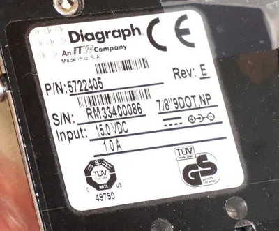 DIAGRAPH 5722405 REV, E INK JET SYSTEM PRINT HEAD 15.0, VDC 1.0, A REPAIRED