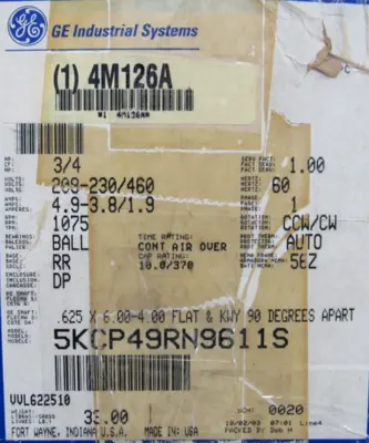 NEW GE 5KCP49RN9611S MOTOR 3/4HP 208-230/460V 1075RPM 6"x5/8" 4M126A