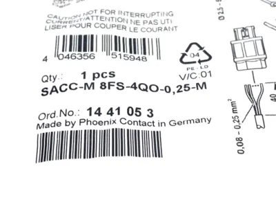 1441053,SACC-M 8FS-4QO-0,25-M | Phoenix Contact SACC-M 8FS-4QO-0,25-M Connector M8 Female 4-Pin 1441053 - New