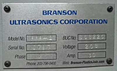 USED BRANSON ULTRASONICS CORPORATION PLASTIC WELDER, MODEL PPP-2