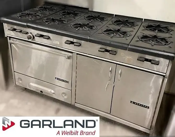 Garland 10 burner gas range with oven and storage cabinet