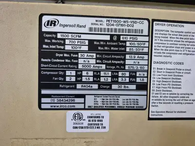 Used INGERSOLL-RAND PET1500-W5-VSD-CC Parts (Hydraulics and Pneumatics) British Columbia CA | Lenmark #1426177