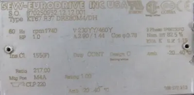 NEW SEW EURODRIVE KT67 R37 DRE80M4/DH GEAR MOTOR 217:1 230/460V KT67R37DRE80M