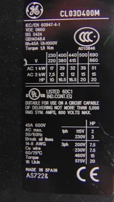 General Electric CL03D400M Contactor 7.5-20 HP 120-125VDC Coil Used