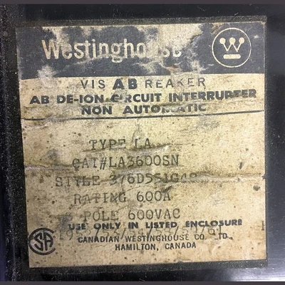 Westinghouse 3 Pole 600 Amp Breaker