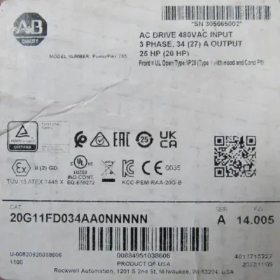 ALLEN BRADLEY 20G11FD034AA0NNNNN POWERFLEX 755 DRIVE NEW SURPLUS