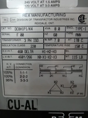Rex Manufacturing 8 KVA Dry Type Isolation Transformer