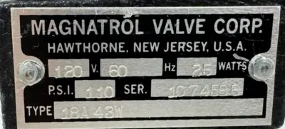 NEW MAGNATROL VALVE CO. 18A43W SOLENOID VALVE 120V 60HZ 25W 110PSI
