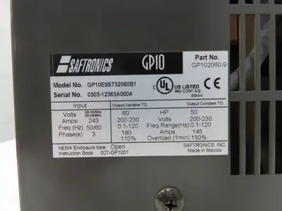 Saftronics GP102060-9 60Hp AC Drive Motor Controller 208/230/460v 3ph