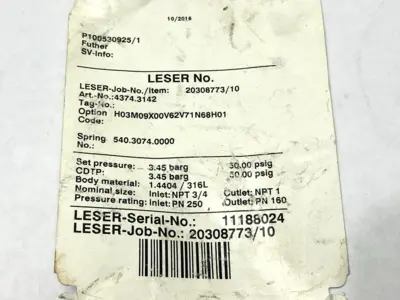 USED LESER SAFETY RELIEF VALVE 3/4" NPT INLET 1" NPT OUTLET 50PSI