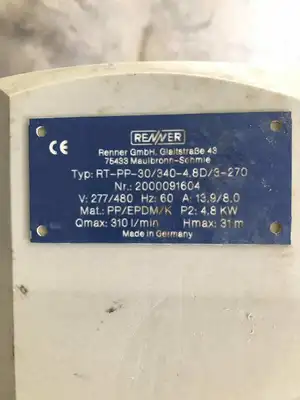 Renner 2000091604 4.8kW PP Sealless Immersible Chemical Pump 3PH 310lpm