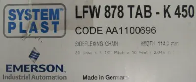 NEW SYSTEM PLAST LFW-878-TAB-K450 CONVEYOR CHAIN 10FT LFW878TABK450
