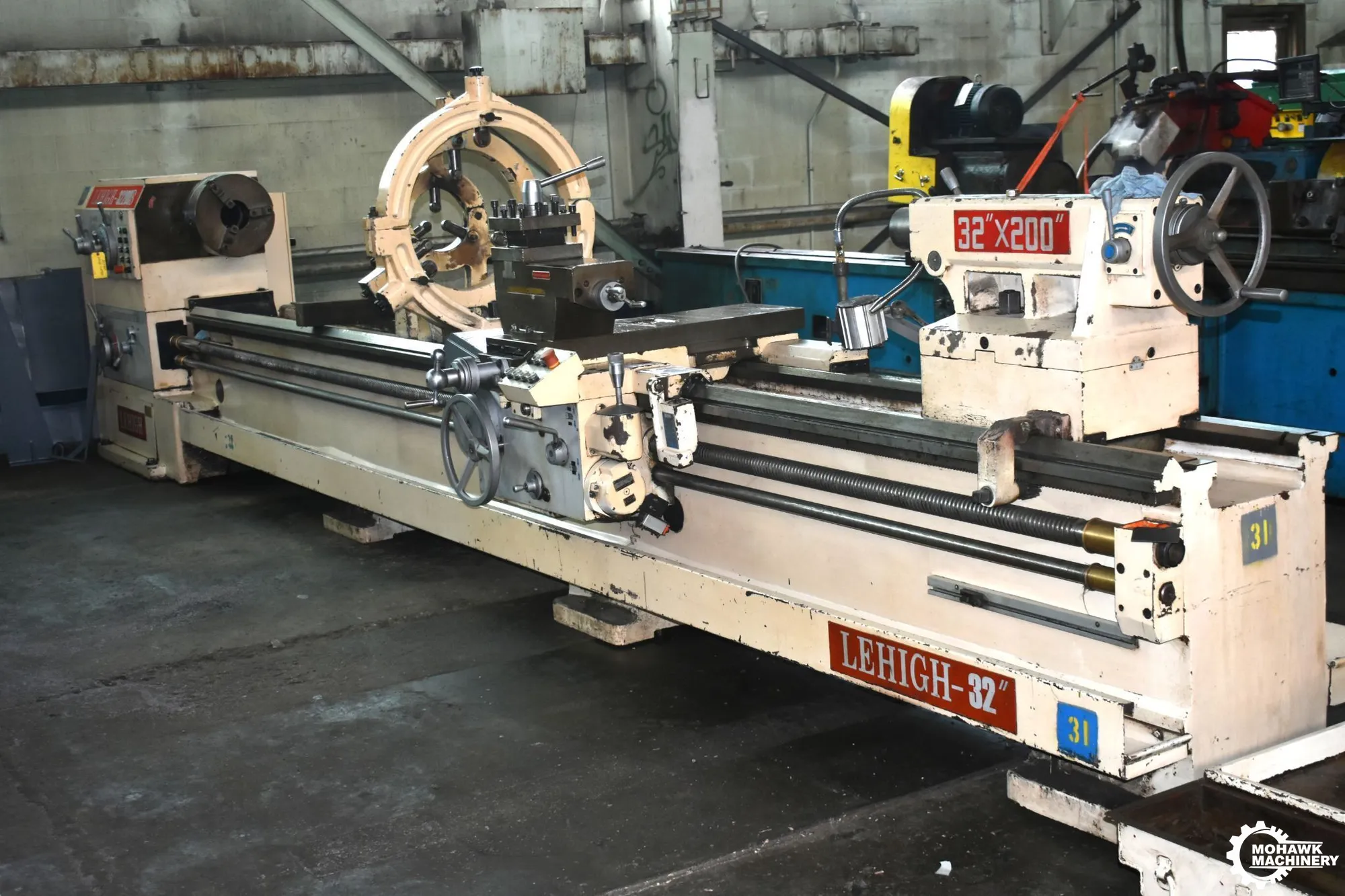 32/44" x 200" LEHIGH "32200B" HEAVY-DUTY GAP-TYPE ENGINE LATHE w/5" HOLE